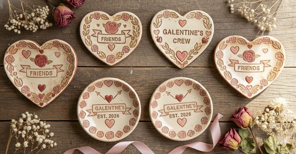 Heart trinket dishes made by friends at Galentine’s Night at House of Clay in Overland Park