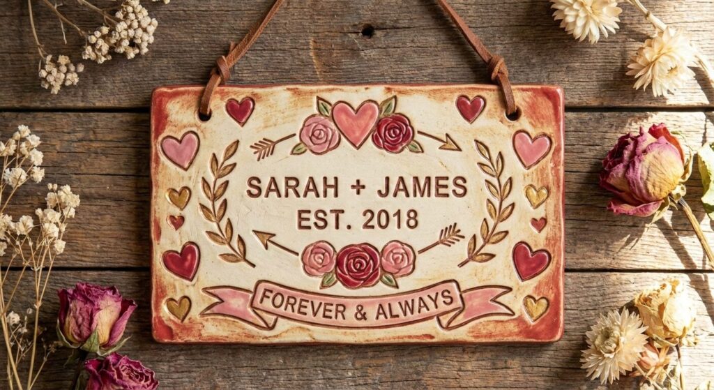 Ceramic Valentine’s Day plaque made by a couple at House of Clay in Overland Park